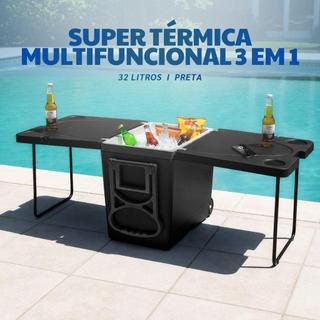 Super Caixa Térmica Cooler Multifuncional 32L 3 em 1 Com 2 Mesas Camping Praia Arqplast Preta All Black