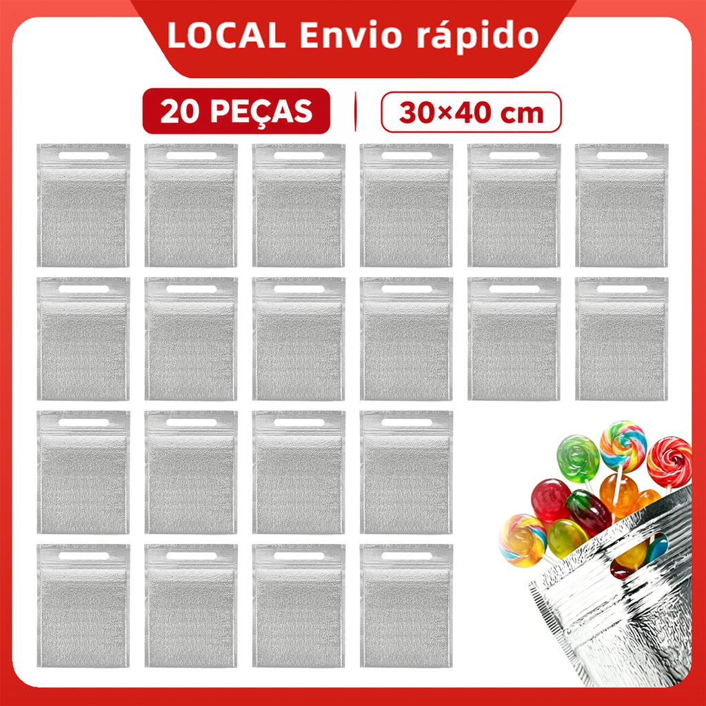 Saco Térmico Reutilizável 20 Peças, Alumínio 30x40cm com Alça para Bebidas, Frutas e Comidas
