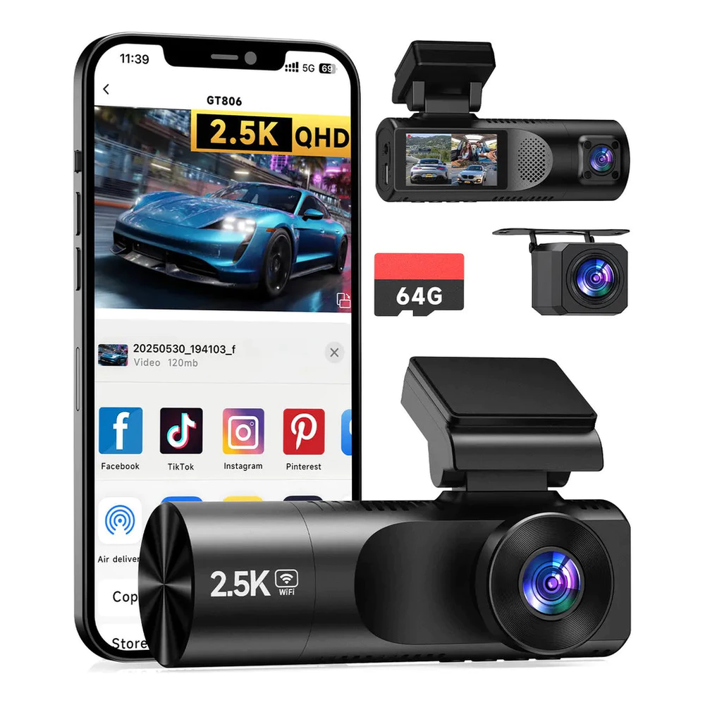 Câmera Veicular 3 Canais 2.5k+1080p Cartão 64gb Tela Ips 1.97 Pol Olafvi Dvr Lente Interna E Externa Ideal Para Uber