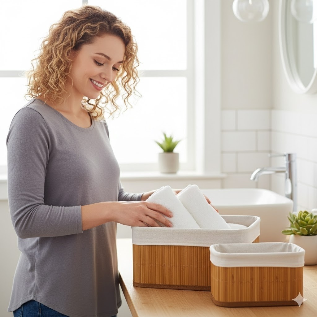 Conjunto Cestos Organizadores Bambu Natural Multiuso Resistente Decoração Casa Escritório