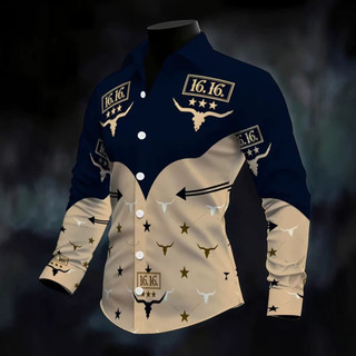 Camisa masculina estilo jeans contraste cor manga comprida retrô cabeça de touro camisa de lapela com estampa de estrela