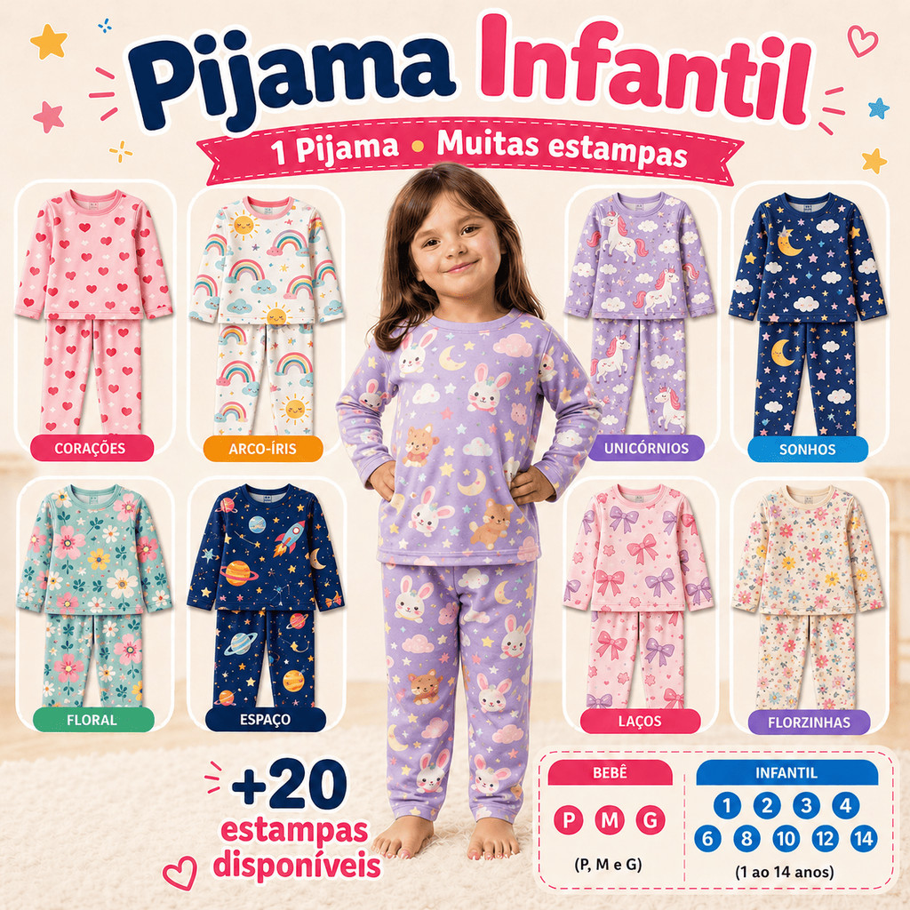 Pijama Infantil Menina Criança Inverno Manga Longa Comprida Calça Blusa 2 Peças Estampas Sortidas Roupa de Dormir