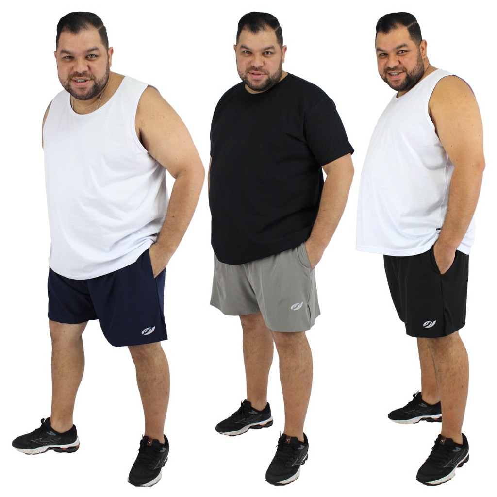 Kit 3 Shorts Plus Size Academia Tactel Com Elastano Corrida Praia Bermuda Bolsos Laterais Esportiva