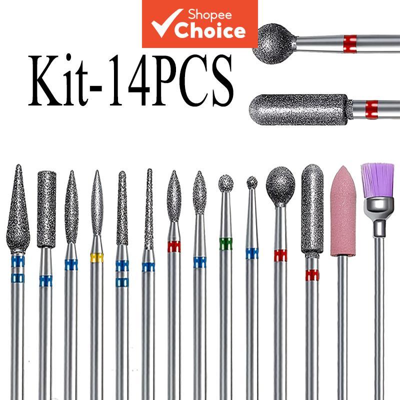 Kit 14 peças de brocas diamantadas profissionais para unhas, cortadores rotativos para limpeza de cutículas e acessórios