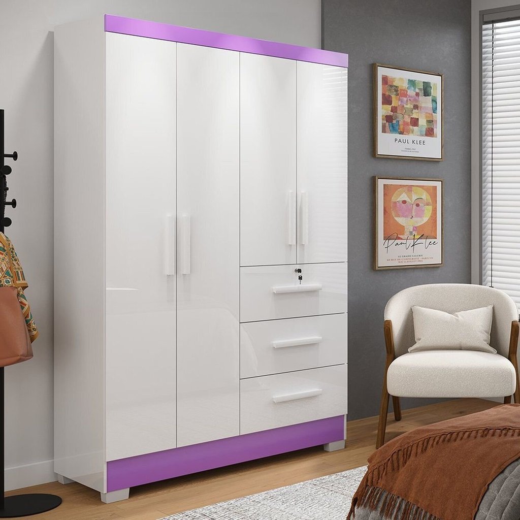 Guarda-Roupa 4 Portas Flex 200,5x120,4cm Amanda Yescasa Branco/-/Lilás Branco/Branco/Lilás