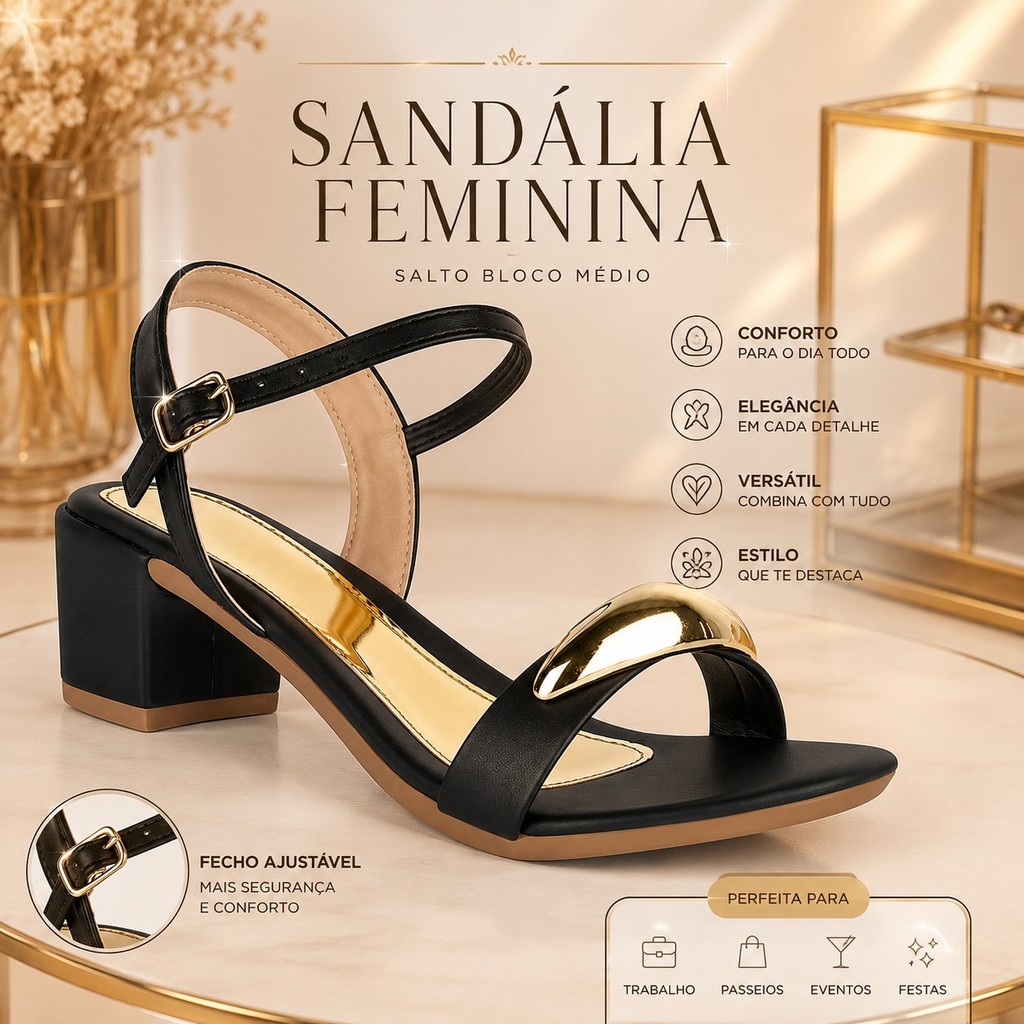 Sandália Feminina Salto Bloco Médio 6 cm Confortável Tira Fivela Casual Elegante Festa Trabalho Moda