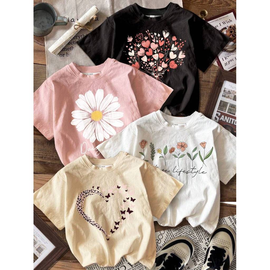 Kit 4 Camisetas Femininas Infantil Flores Estampadas Moda Blogueira Luxo