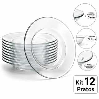 Jogo 12 Pratos Fundos Liso Transparente Vidro Grande 23,5cm