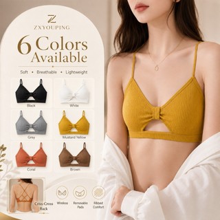 ZXYOUPING Bralette Sem Fio Canelado Para Mulheres , Sutiã Com Tiras Cruzadas Nas Costas Almofadas Removíveis , Top Macio