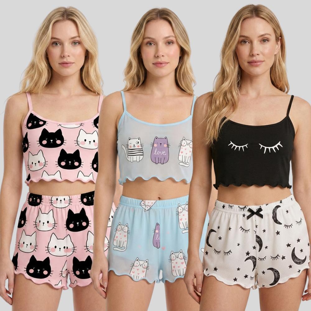 Kit 3 Baby Doll Feminino Estampado Para Dormir Conforto Fresquinho Conjunto Pijama Adulto Leve