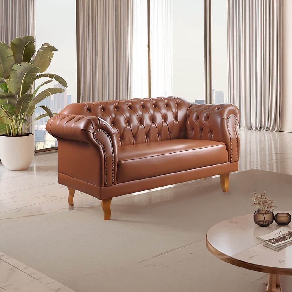Sofá Chesterfield 2 Lugares Couro Sintético Marrom Duque 150cm Yescasa Caramelo