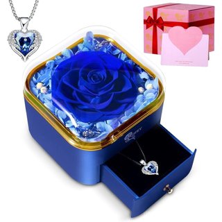 Presentes de Dia dos Namorados para Ela, Presentes de Aniversário para Mulheres, Rosa Azul Preservada com Colar 'Eu Te A