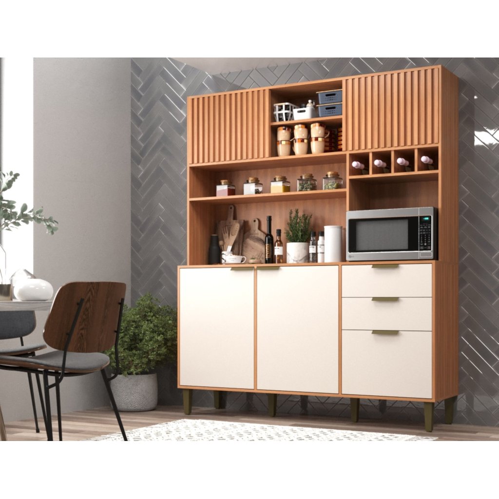 Cozinha Compacta com Porta Ripada 2 Gavetas Melissa Marrom/Freijó/Off White