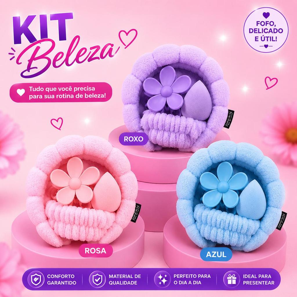 Kit Beleza 4 em 1 Tiara + Piranha Flor + Xuxinha + Esponja Gota para Maquiagem e Skincare
