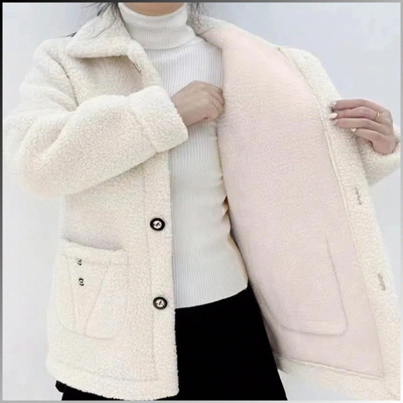 [Proteção Contra o Frio] Casaco Feminino/Pele Sintética/Forro de Lã de Carneiro/Casaco Médio/Casual/Casaco Longo/Outono