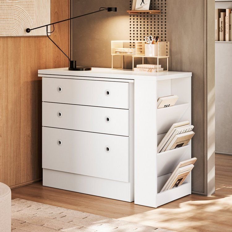 Escrivaninha Mesa Escritório em L Retrátil com Cômoda Módulos e Complementos 3 Gavetas 91,3cm Branco Branco