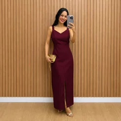 Vestido Longo Feminino Elegante com Fenda Decote V Alfaiataria Festa Casamento Social