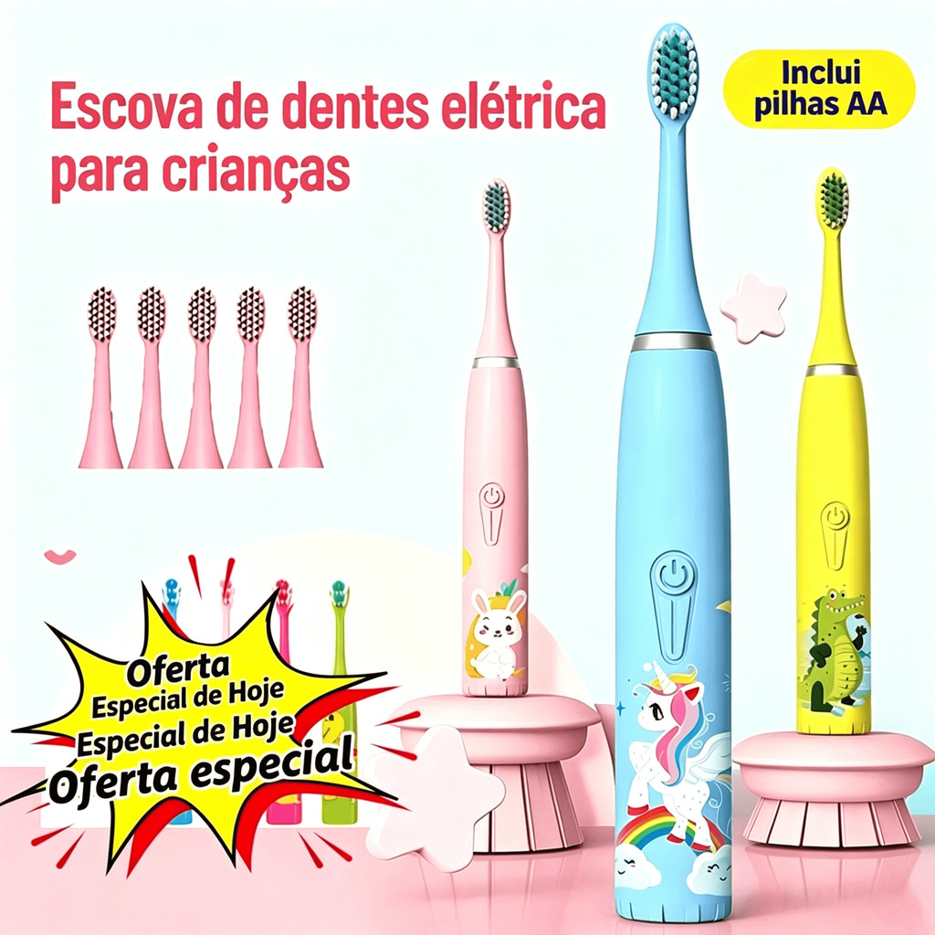 Escova Dental Elétrica Ultra-Sônica Para Crianças Acústica Onda Fofa Cabelos Suaves Dupla Face Limpa Cuidados