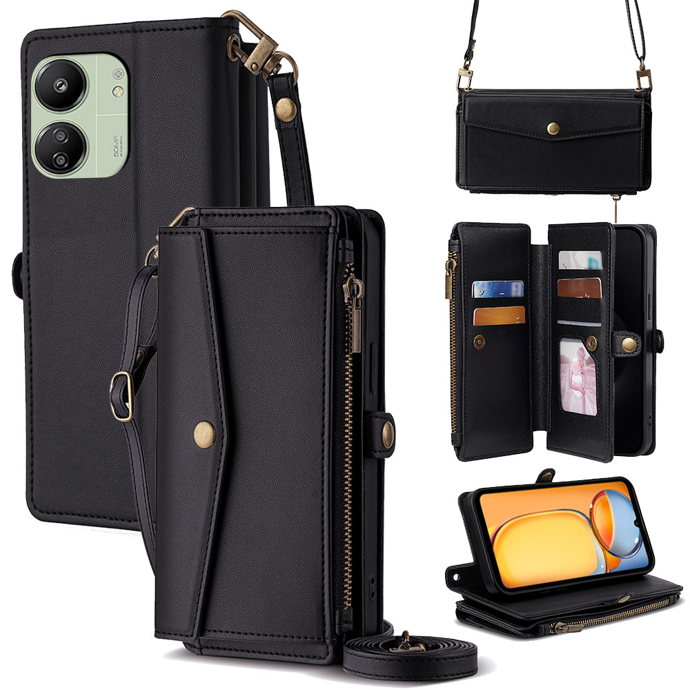 Capa Carteira Para Xiaomi Poco M6 Pro Plus + Flip De Couro Com Cordas