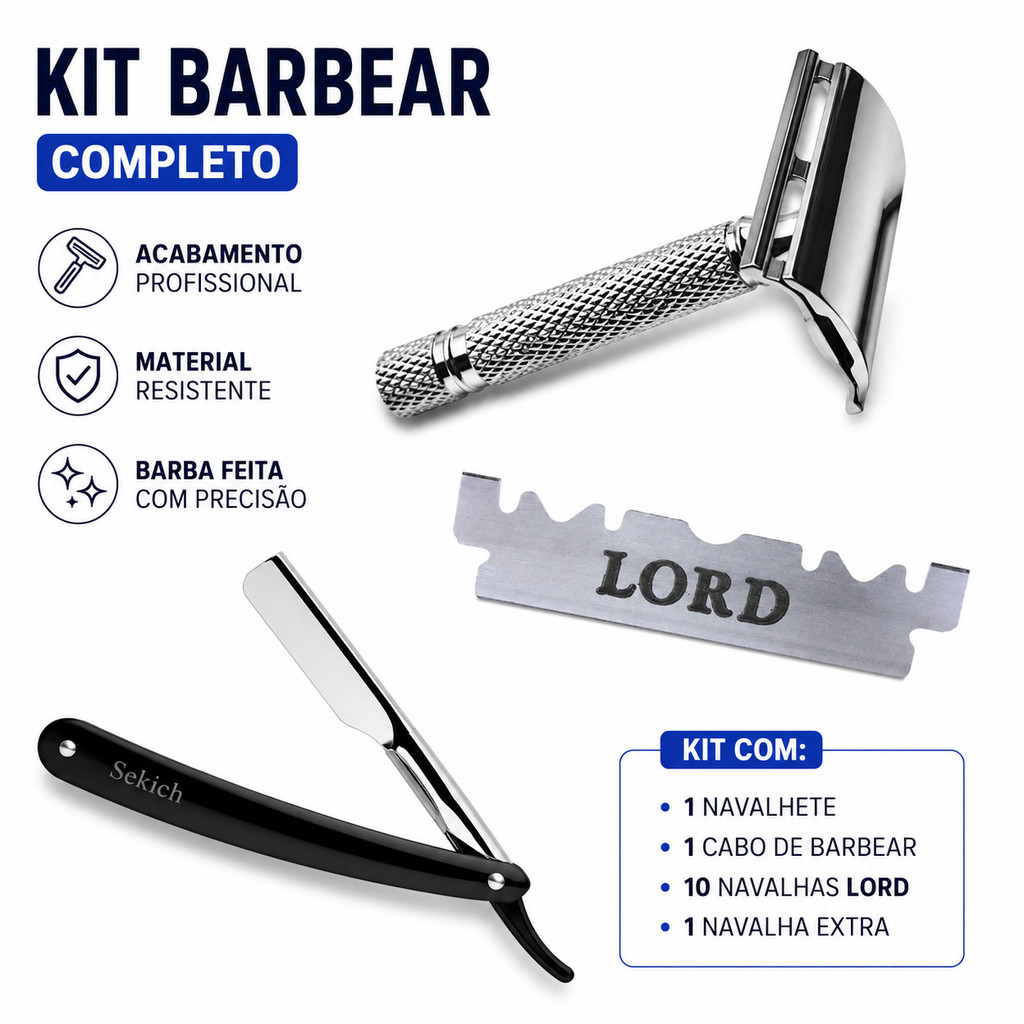 Kit Barbeiro Profissional: Navalha Lord + Navalhete + Aparelho de Barbear + Lâminas Inclusas