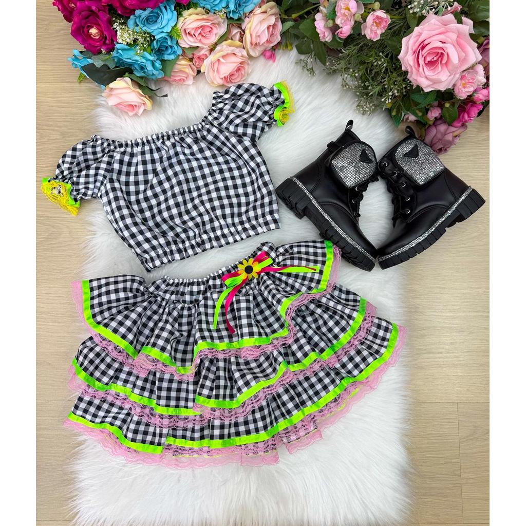 Conjunto Junino Banana Club Luxo Gabriela Xadrez Preto