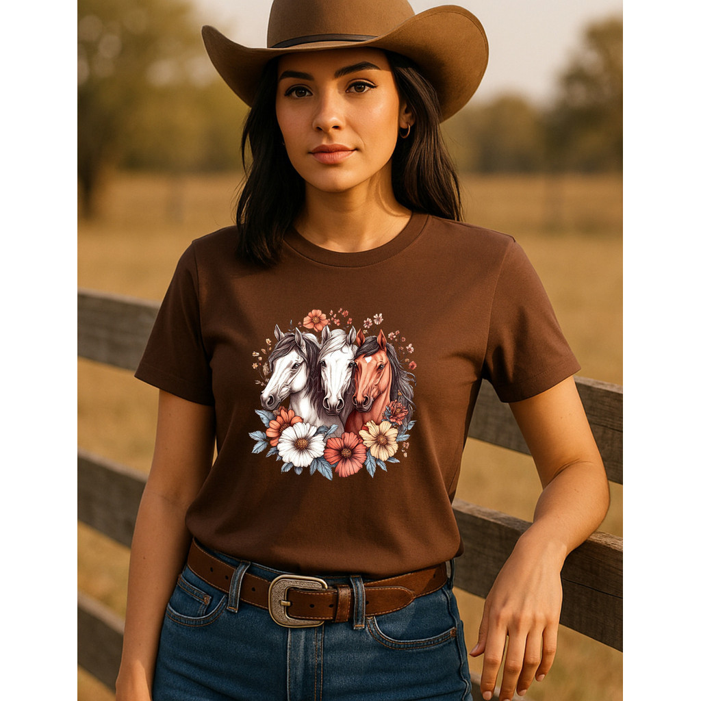 Camiseta Rodeio (Cavalos e Flores) Estilo Country Agro