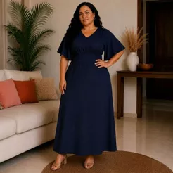 Vestido Plus Size Midi Feminino Manga Borboleta Decote V Soltinho Moda Evangélica Elegante Chique