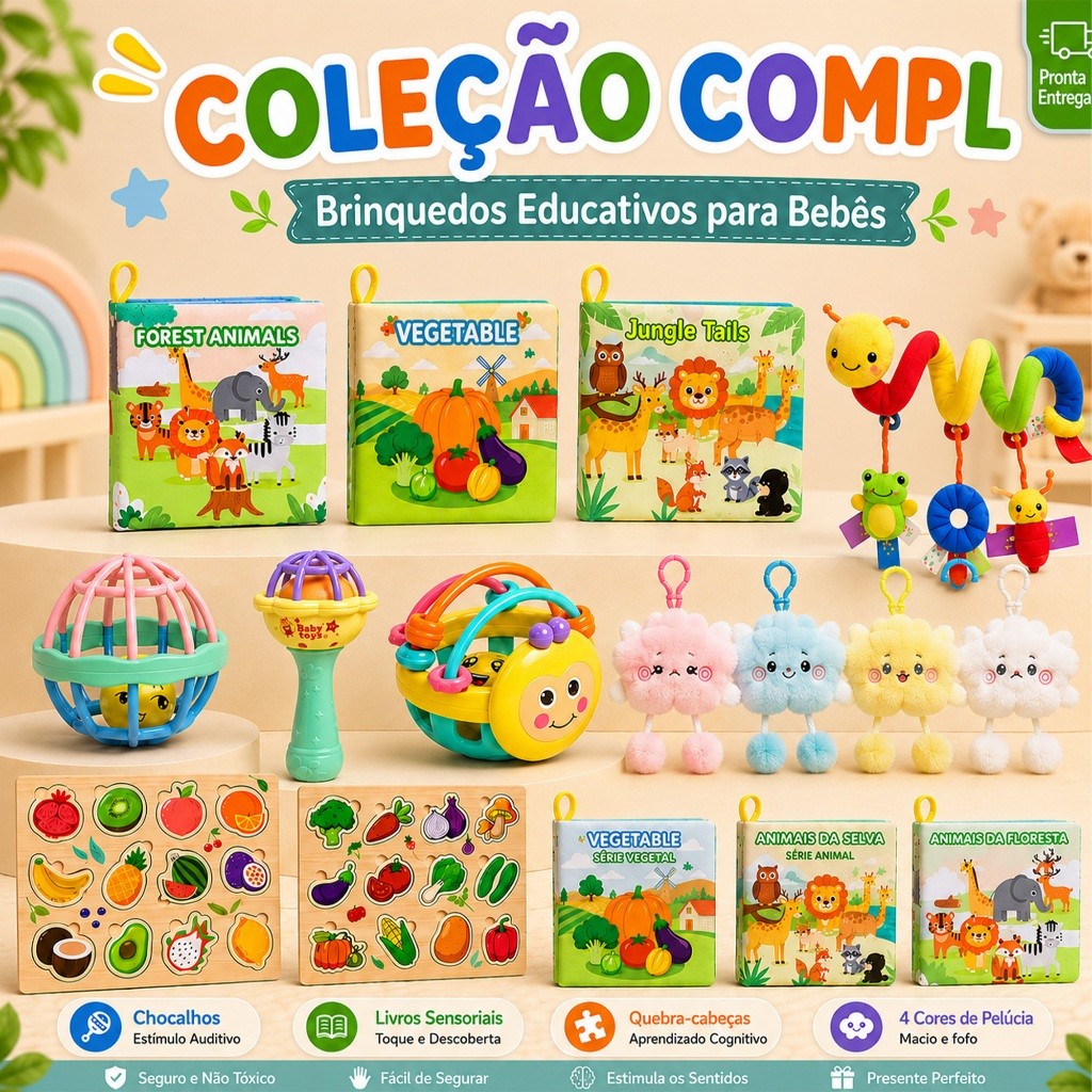 Kit Brinquedo Educativo Bebê Montessori Livro Sensorial Chocalho Mordedor Quebra-cabeça Madeira