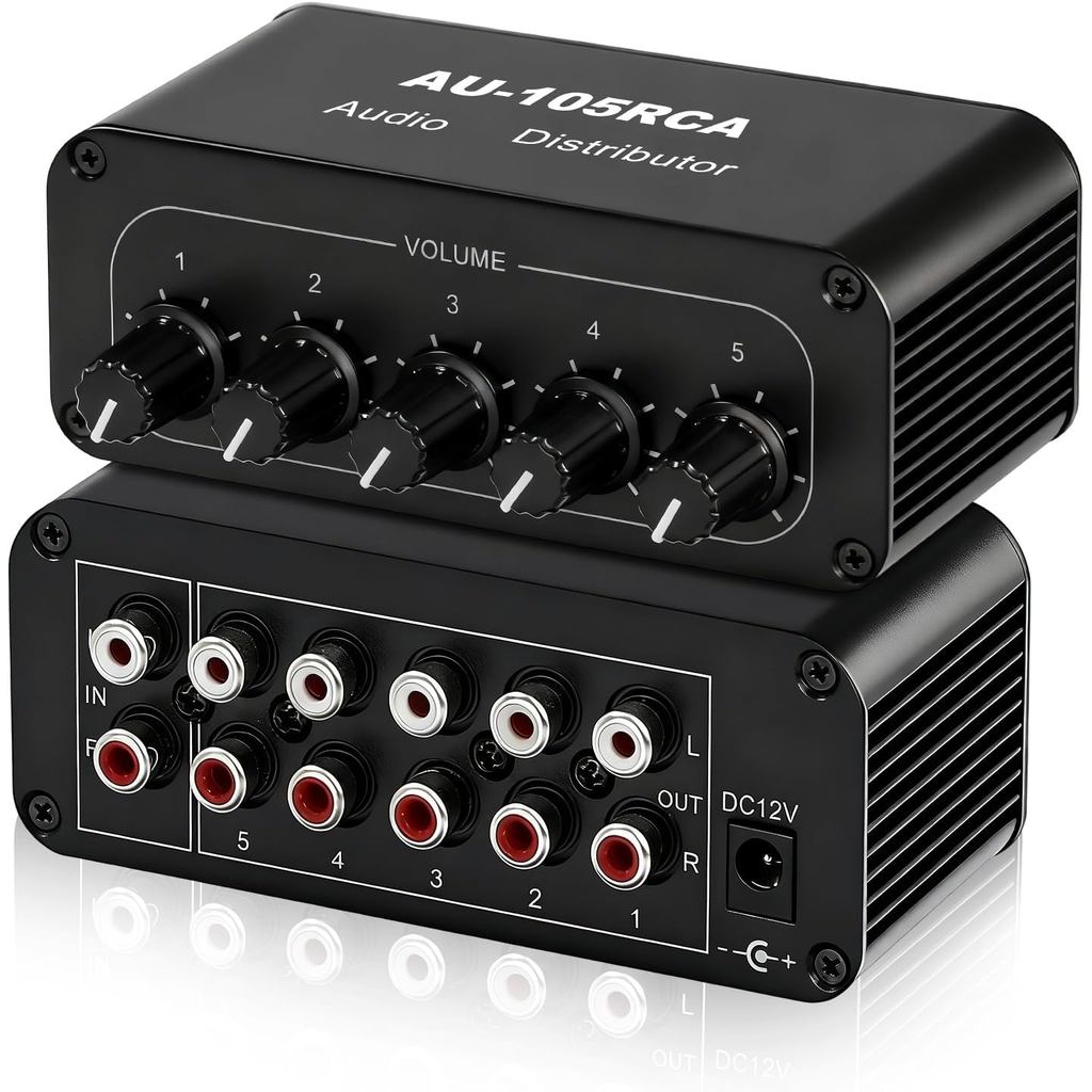 Caixa Divisora de Áudio Estéreo RCA 5 Entradas 5 Saídas, Amplificador de Distribuição de Áudio, Distribuidor de Sinal RC