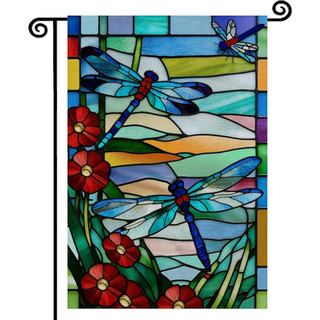 Bandeira de Jardim com Libélula de Verão em Vidro Manchado, 12x18 Polegadas, Dupla Face, Estilo Fazenda, para Decoração 