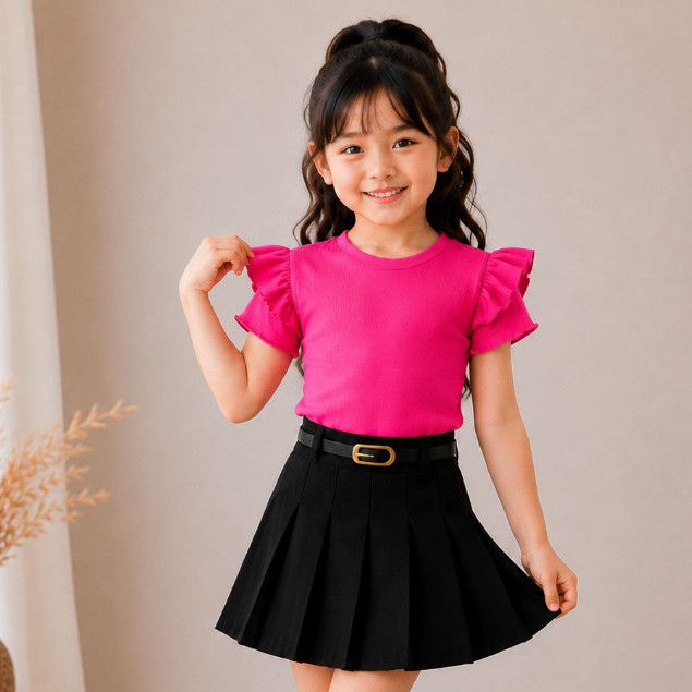 Conjunto Infantil 3 PEÇAS Feminino Blusa Canelada com Babado + Short Saia Plissada com Cinto Menina 4 ao 12