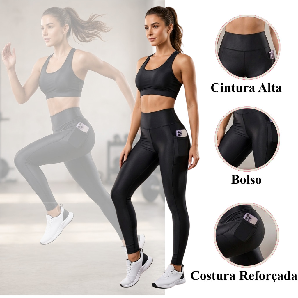 Legging Feminina Com Bolso P/ Celular Zero Transparência UV50+ Academia Treino Corrida Yoga Musculação