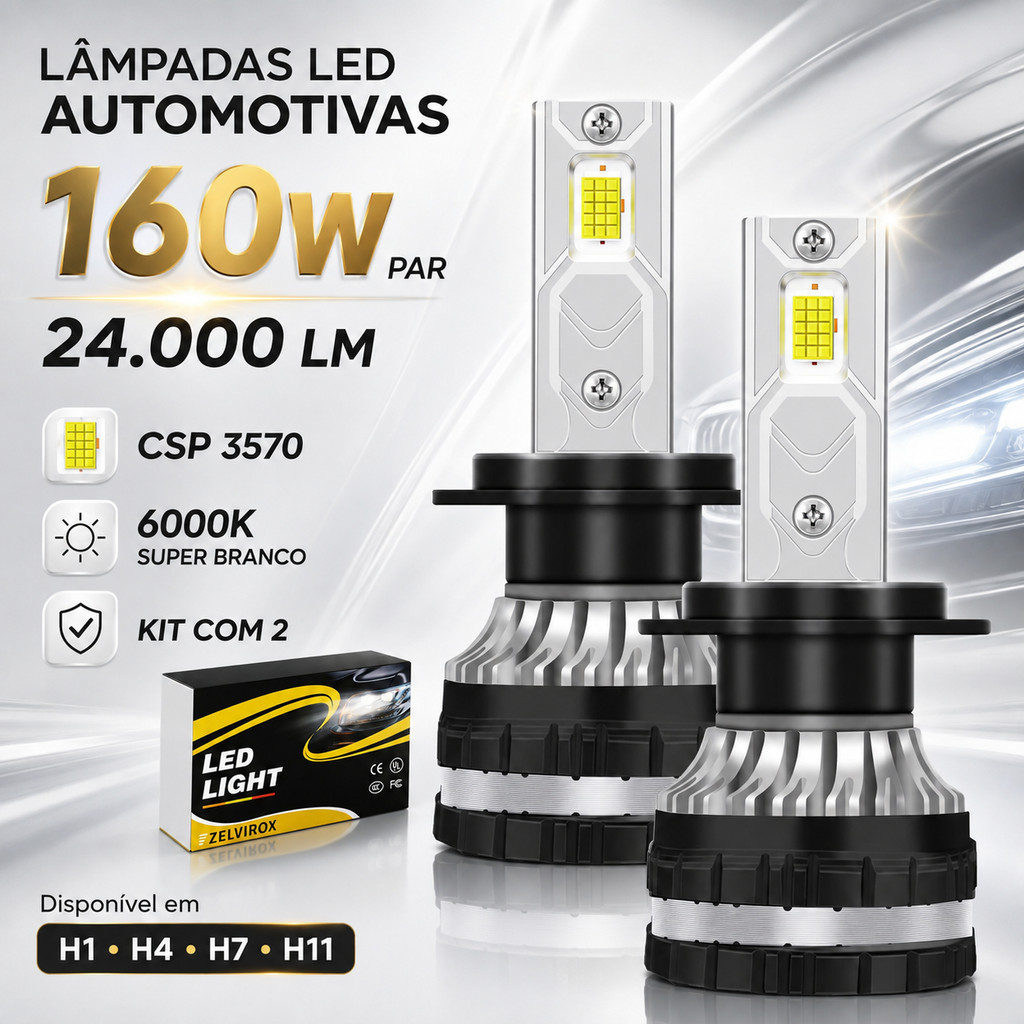 Kit 2 Lâmpadas LED Automotivas H1 H4 H7 H11 160W 24000LM CSP 3570 6000K IP68 9V-32V
