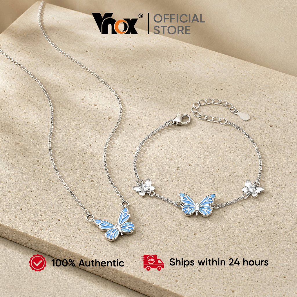 Vnox Dainty Butterfly Pingente Colar E Pulseira De Zircão Conjunto De Joias De Aço Inoxidável À Prova D'água Presente Pa
