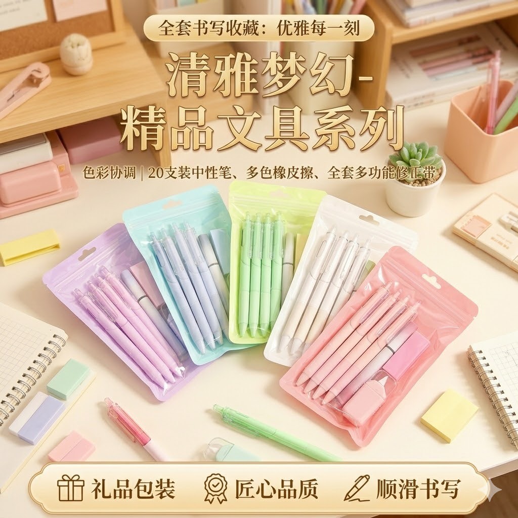 Conjunto de papelaria colorido Macaron Estudantes de alto valor começam prêmio escolar Conjunto de 7 peças de papelaria