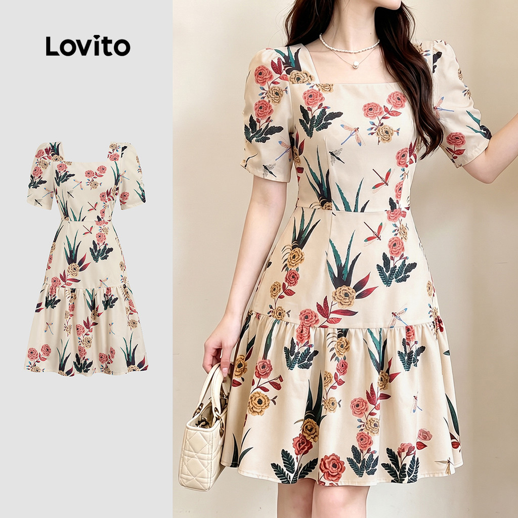 (New Arrival) Lovito Vestido Casual com Estampa de Estilo Resort e Textura para 