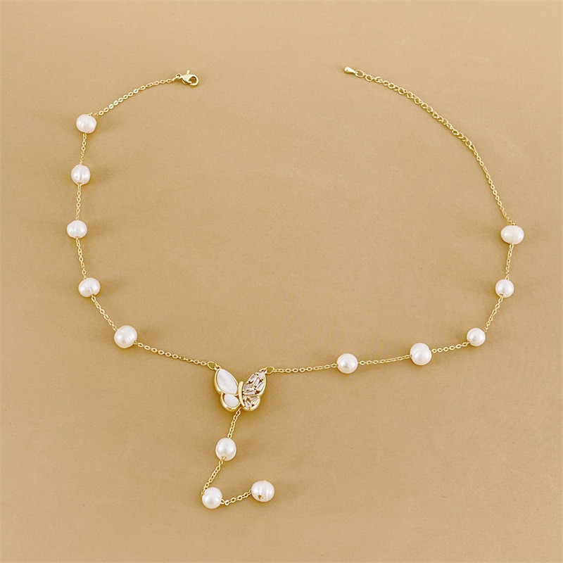 Colar de borla para clavícula, novo colar vermelho, colar de pérolas de água doce estreladas, colar de pérolas e borbole