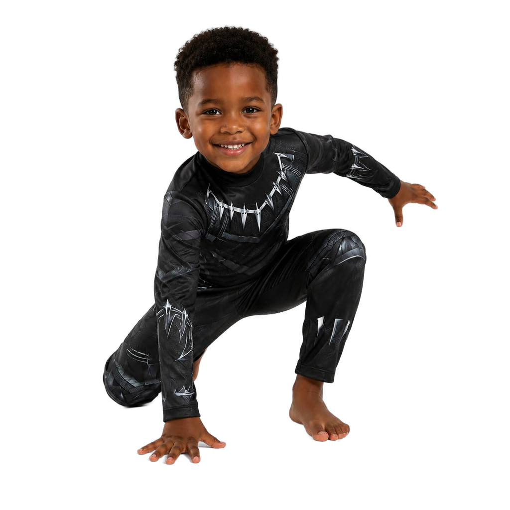 Pantera Negra Fantasia Importada Infanil Heroi Festa Macacão com Enchimento + EVA