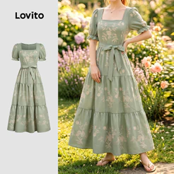 Lovito Vestido Boho com Estampa e Cinto Verde Primavera/verão para Mulheres LK7LD175