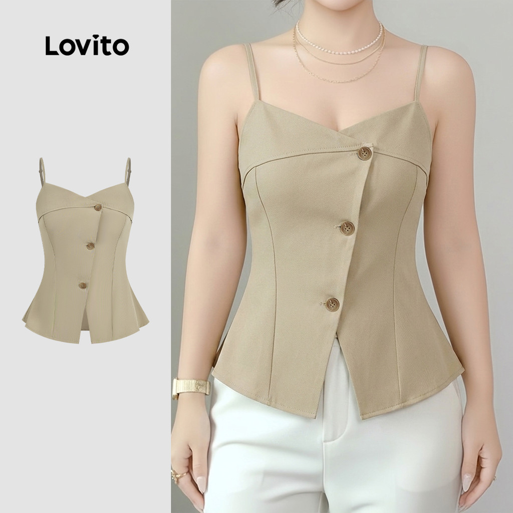 (New Arrival) Lovito Blusa Elegante com Botão Superior Assimétrica de Verão/prim