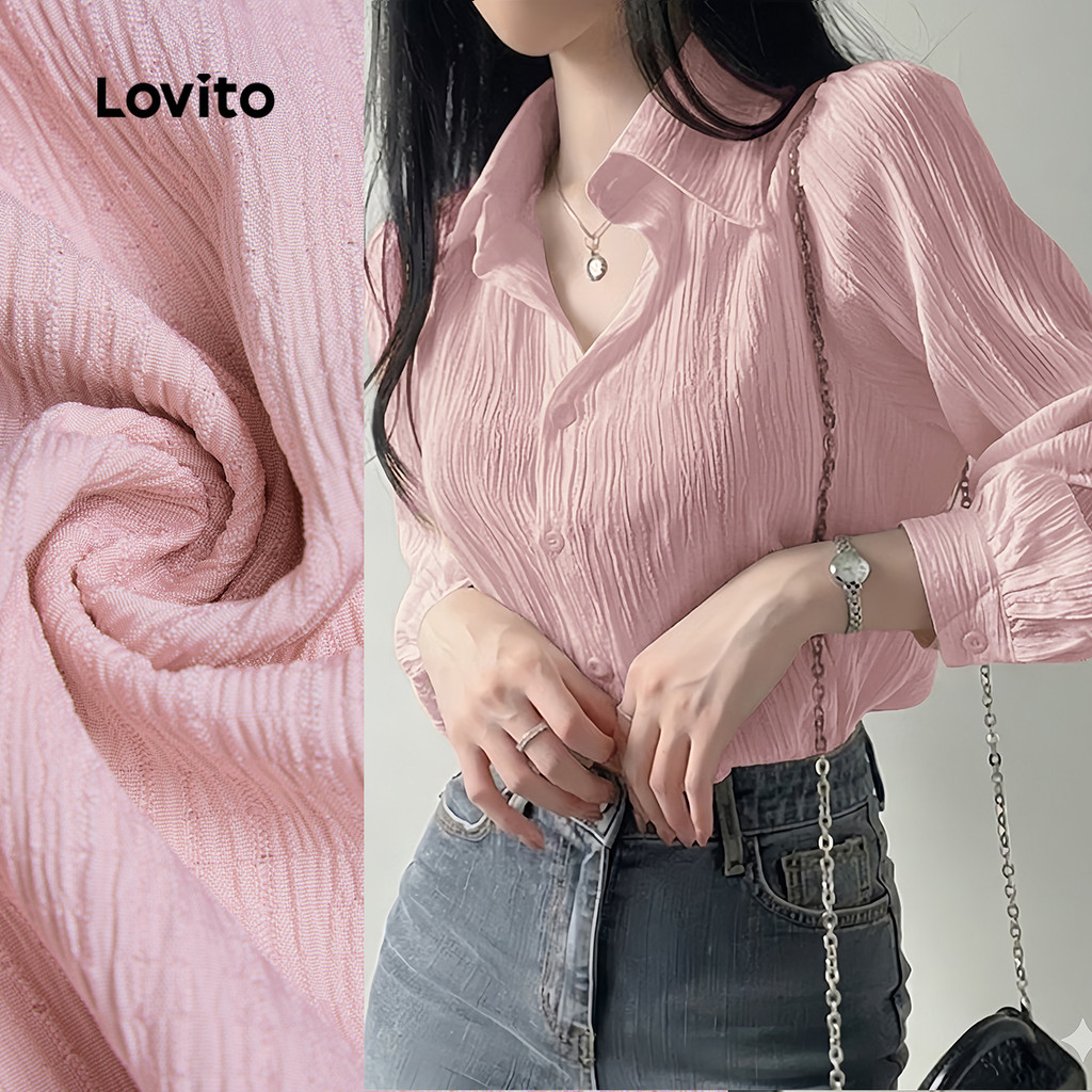 Lovito Casual Blusa Plissada Primavera/verão Blusa Rosa para Mulheres L195ED110