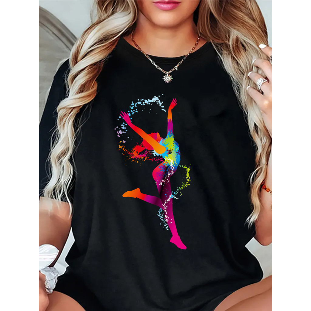 Camiseta Feminina Dança Gráfico Colorido Vibrante Esportiva Estilosa Confortável Divertida Moda Casual