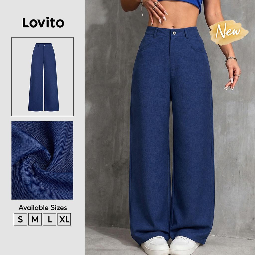 (New Arrival) Lovito Calça Casual Feminina Azulescuro de Primavera/verão com Botão Bolso e zíper PTK8BR237