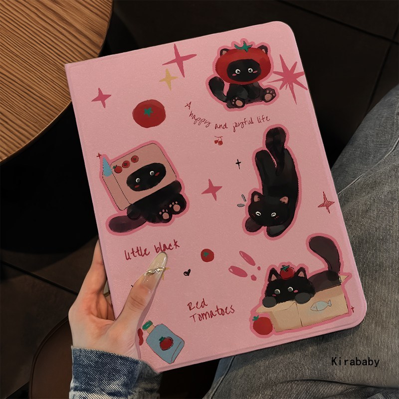Capa Silicone Para Samsung Galaxy Tab A9A9+ S6 Lite S7 S8 S9 FE+ Proteção Total Antichoque Padrão de tomate e gato preto