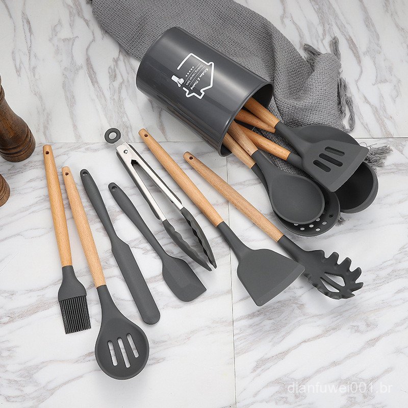 Conjunto de utensílios de cozinha de silicone com cabo de madeira grosso, antiaderente, resistente a altas temperaturas,