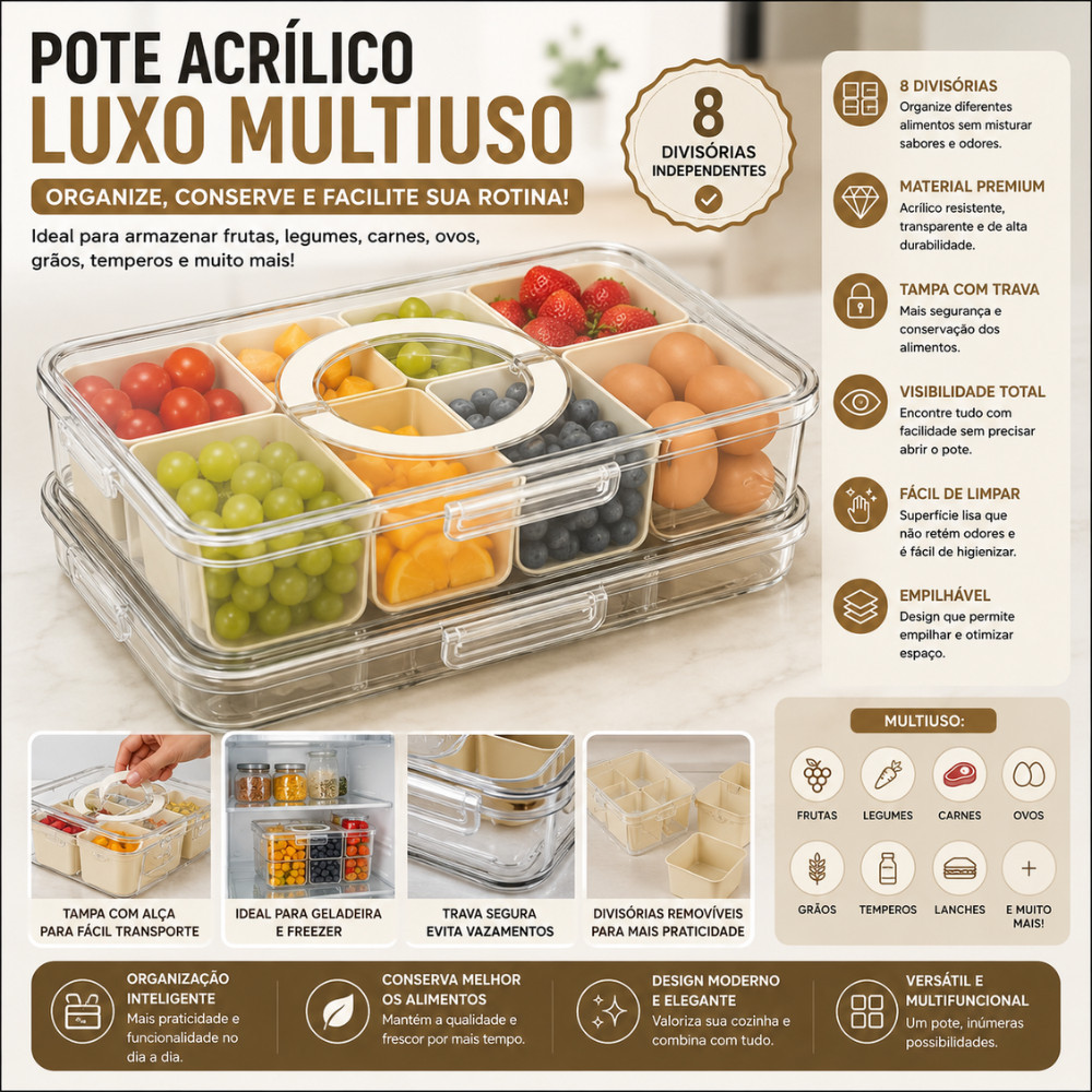Pote Acrílico Organizador Multiuso 8 Divisórias Com Tampa E Trava Para Frutas Legumes Ovos Geladeira