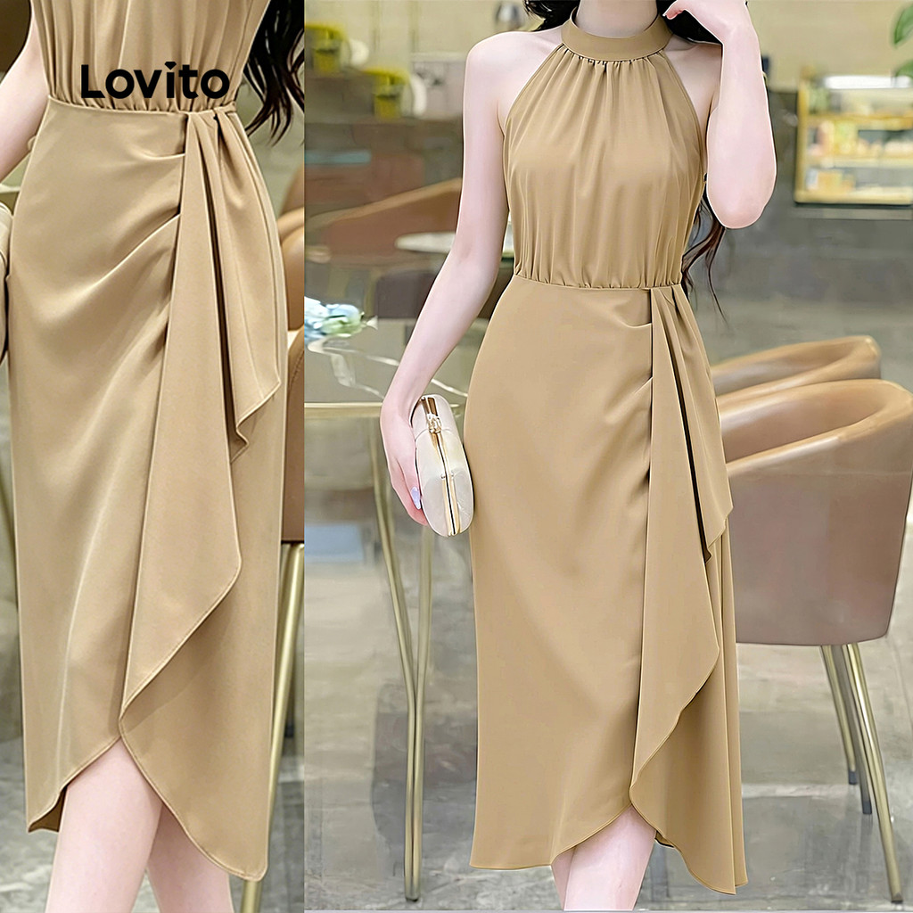 (New Arrival) Lovito Vestido Elegante Assimétrico Plissado com Babados Vestido C