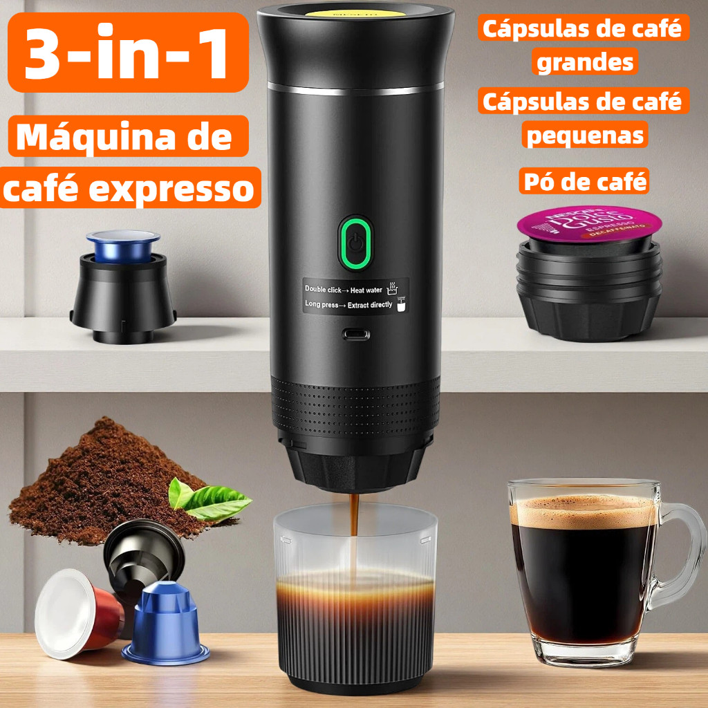 Máquina de Café Expresso Portátil 3 em 1 Elétrica Preta Cafeteira cápsulas ou Café Moído KF-JN-02