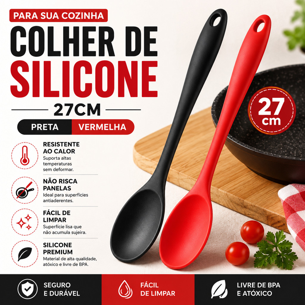 Utensilio Colher Silicone Resistente para Cozinha Preta ou Vermelha