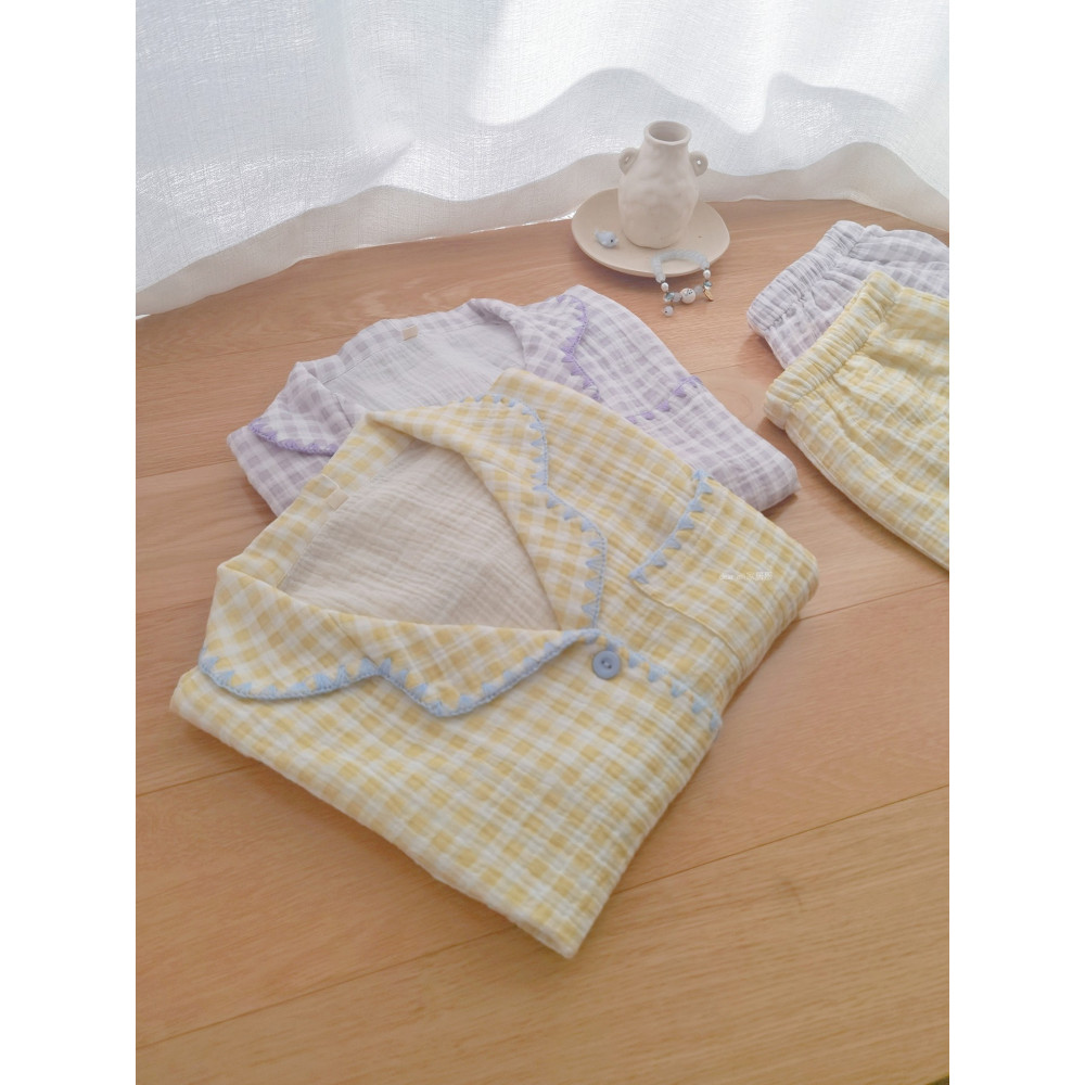 Queijo doce puro algodão pijamas feminino verão 2025 novo estilo de manga curta xadrez gaze Homewear terno